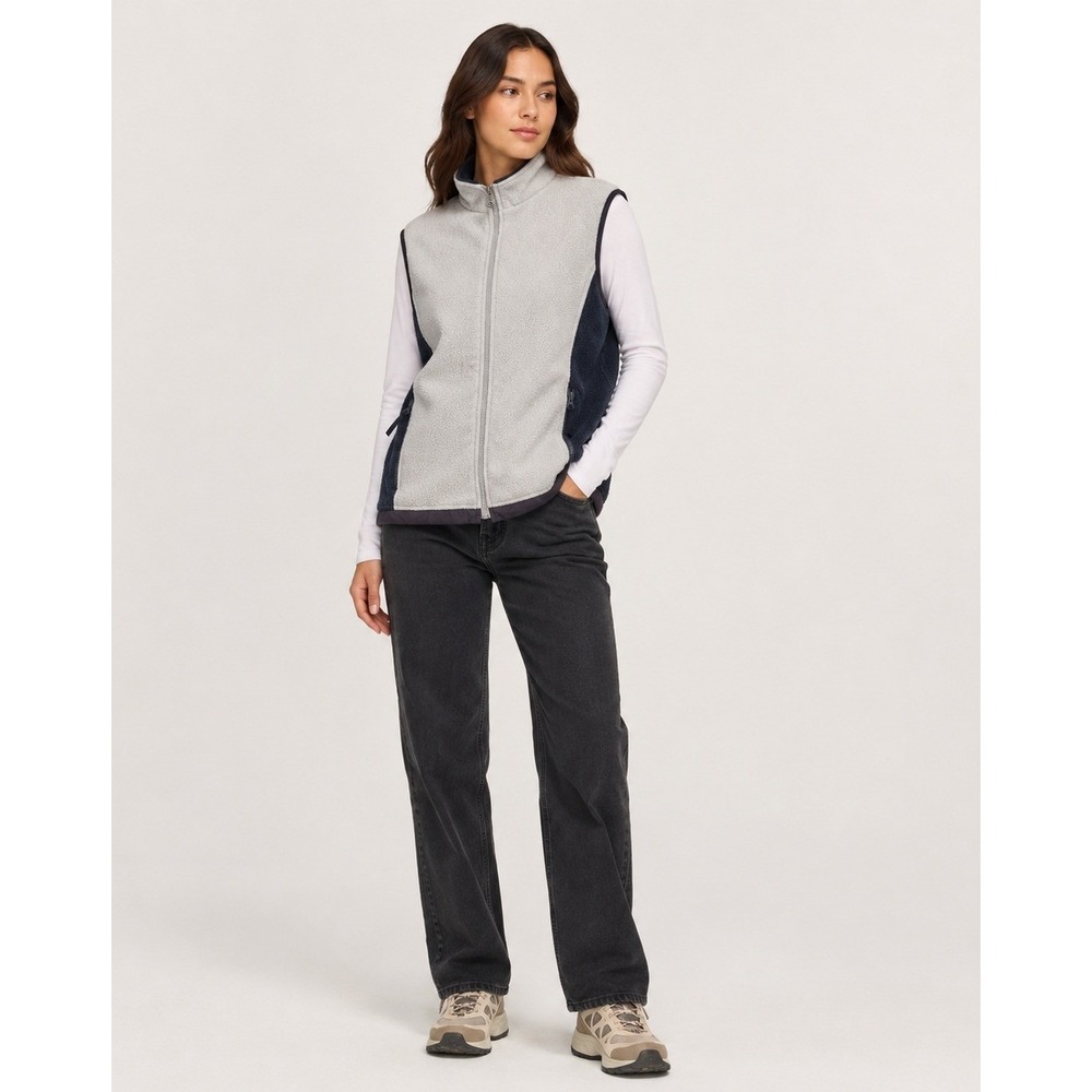 Lands' End Sweater Fleece Vest Womens Large 14-16 Cream Gray Full Zip Pockets